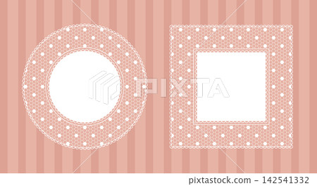Elegant Lace Frame Set with Round and Square Openwork Borders on Soft Peach Striped Background. Decorative Vector Templates for Invitation, Wedding Card, Greeting, Stationery, Poster and Print. 142541332