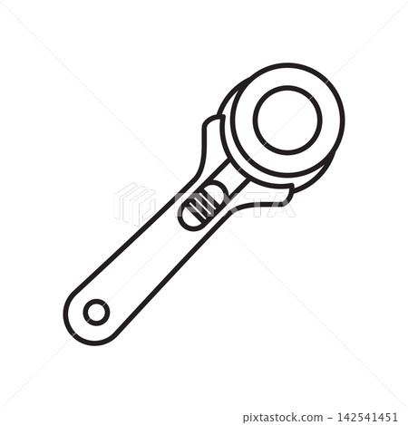 Clean line art icon of a circular blade rotary cutter used for cutting fabric and quilting. Clean line art icon of a circular blade rotary cutter used for cutting fabric and quilting. 142541451