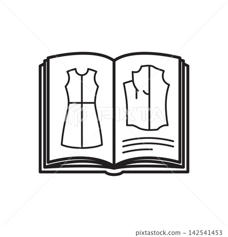 Line art icon of an open book displaying dressmaking patterns and fashion sketches. Line art icon of an open book displaying dressmaking patterns and fashion sketches. 142541453