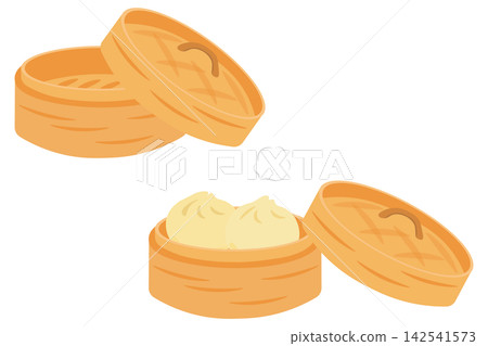 An illustrated set of Chinese steamers with the lid open (empty and filled with steamed buns). An illustrated set of Chinese steamers with the lid open (empty and filled with steamed buns). 142541573