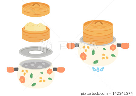 A set of illustrations depicting steam cooking using a retro-style double-handled pot and Chinese steamer. A set of illustrations depicting steam cooking using a retro-style double-handled pot and Chinese steamer. 142541574