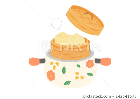 An illustration of a retro-style pot with two handles and a steamed bun in a Chinese steamer with the lid open. An illustration of a retro-style pot with two handles and a steamed bun in a Chinese steamer with the lid open. 142541575