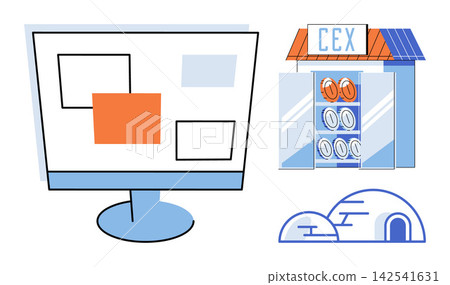 Computer monitor with digital interface, retail store, and igloo vector illustration. E-commerce, online shopping, winter travel, digital technology, retail business, arctic architecture. Desktop Computer monitor with digital interface, retail store, and igloo vector illustration. E-commerce, online shopping, winter travel, digital technology, retail business, arctic architecture. Desktop 142541631