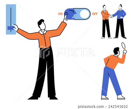 Man adjusting emotions and mood with a switch vector illustration. Psychology, mental health, emotional regulation, personal development, behavioral therapy, self control. Person managing feelings Man adjusting emotions and mood with a switch vector illustration. Psychology, mental health, emotional regulation, personal development, behavioral therapy, self control. Person managing feelings 142541632