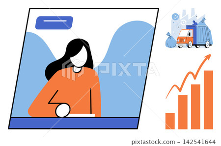 Woman working at a desk with a garbage truck and rising growth chart vector illustration. Efficiency, sustainability, business development, waste management, productivity, corporate success. Female Woman working at a desk with a garbage truck and rising growth chart vector illustration. Efficiency, sustainability, business development, waste management, productivity, corporate success. Female 142541644