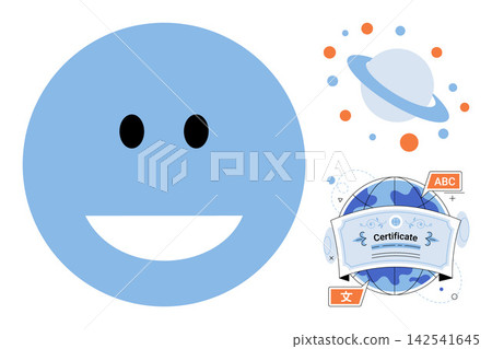 Happy face emotion icon with planet and certificate vector illustration. Education, global learning, online courses, achievement, communication, digital skills. Smiling emoticon and diploma 142541645