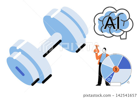 Dumbbell with AI brain and businessman holding money bag vector illustration. Productivity, financial growth, strength training, digital transformation, investment, corporate strategy. Gym equipment Dumbbell with AI brain and businessman holding money bag vector illustration. Productivity, financial growth, strength training, digital transformation, investment, corporate strategy. Gym equipment 142541657