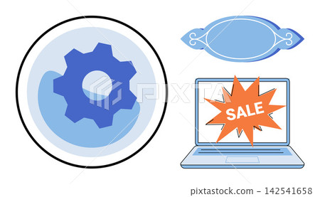 Gear icon and laptop with sale sign vector illustration. E-commerce, technology, business, marketing, shopping, digital services. Settings symbol and notebook computer with discount label 142541658