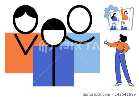 People icons and a woman presenting a video conference on a tablet vector illustration. Remote work, digital communication, virtual team, online education, business meeting, webinar. Group avatars People icons and a woman presenting a video conference on a tablet vector illustration. Remote work, digital communication, virtual team, online education, business meeting, webinar. Group avatars 142541659