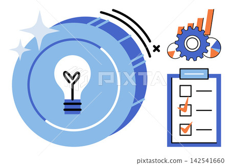 Light bulb on a coin with a checklist and gear chart vector illustration. Productivity, project management, financial growth, creative solution, task planning, business development. Idea icon on 142541660