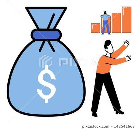A money bag with a dollar sign and a person reaching for growth charts vector illustration. Investment, wealth management, financial success, business strategy, profit, economic planning. Capital A money bag with a dollar sign and a person reaching for growth charts vector illustration. Investment, wealth management, financial success, business strategy, profit, economic planning. Capital 142541662