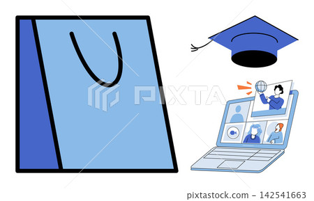 Shopping bag with graduation cap and laptop showing online class vector illustration. E-learning, academic degree, digital store, remote study, university course, retail. School supplies Shopping bag with graduation cap and laptop showing online class vector illustration. E-learning, academic degree, digital store, remote study, university course, retail. School supplies 142541663