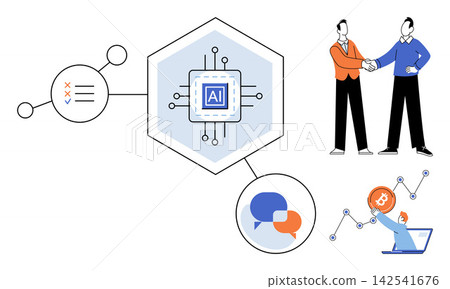 Artificial intelligence chip with business handshake and financial growth vector illustration. Innovation, digital transformation, partnership, investment, data analysis, strategy. AI processor Artificial intelligence chip with business handshake and financial growth vector illustration. Innovation, digital transformation, partnership, investment, data analysis, strategy. AI processor 142541676