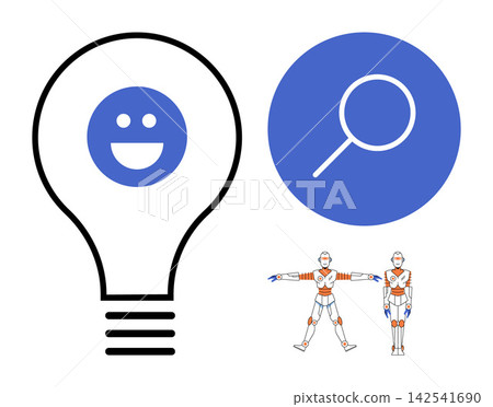 Lightbulb with happy face, magnifying glass, and robot figures vector illustration. Creativity, artificial intelligence, engineering, research, automation, digital development. Idea search Lightbulb with happy face, magnifying glass, and robot figures vector illustration. Creativity, artificial intelligence, engineering, research, automation, digital development. Idea search 142541690