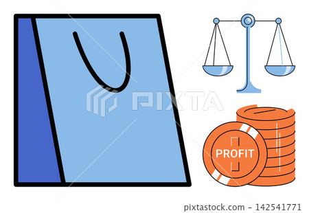 Shopping bag with scales of justice and profit coins vector illustration. Retail, commerce, finance, economy, trade, investment. Paper carrier with balance and money stack icons Shopping bag with scales of justice and profit coins vector illustration. Retail, commerce, finance, economy, trade, investment. Paper carrier with balance and money stack icons 142541771
