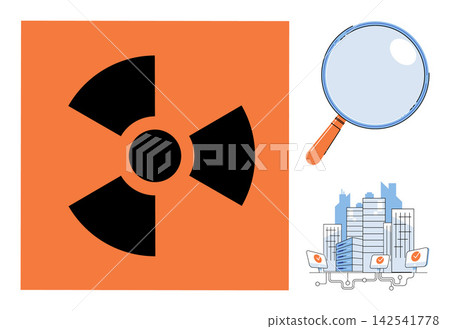 Radiation hazard sign magnifying glass and city buildings vector illustration. Nuclear energy, urban planning, environmental safety, industrial inspection, city development, research. Radioactive Radiation hazard sign magnifying glass and city buildings vector illustration. Nuclear energy, urban planning, environmental safety, industrial inspection, city development, research. Radioactive 142541778