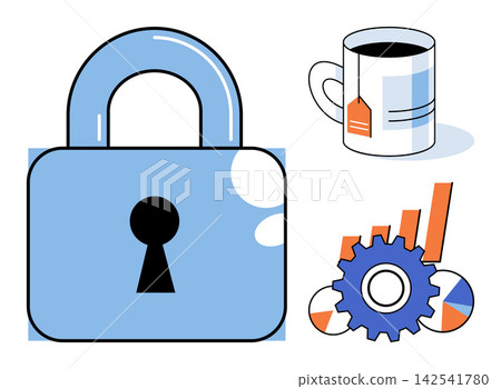 Padlock coffee cup and gear with charts vector illustration. Data protection, business strategy, office break, workflow management, financial growth, security. Locked security, tea mug, cogwheel Padlock coffee cup and gear with charts vector illustration. Data protection, business strategy, office break, workflow management, financial growth, security. Locked security, tea mug, cogwheel 142541780
