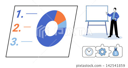 A professional presenter pointing at a pie chart and productivity icons vector illustration. Corporate training, project management, financial planning, data analysis, strategy, workflow. Speaker A professional presenter pointing at a pie chart and productivity icons vector illustration. Corporate training, project management, financial planning, data analysis, strategy, workflow. Speaker 142541859