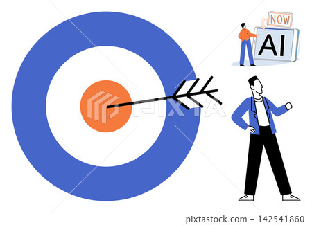 Man aiming at a target and using artificial intelligence technology vector illustration. Strategy, goal setting, digital transformation, innovation, productivity, future planning. Person hitting Man aiming at a target and using artificial intelligence technology vector illustration. Strategy, goal setting, digital transformation, innovation, productivity, future planning. Person hitting 142541860