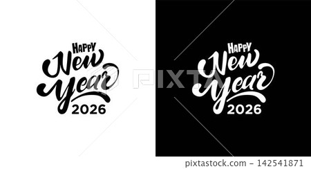 Happy 2026 New Year Greeting Card. Holiday Vector Illustration With Lettering Composition And Burst. Vintage festive label Happy 2026 New Year Greeting Card. Holiday Vector Illustration With Lettering Composition And Burst. Vintage festive label 142541871