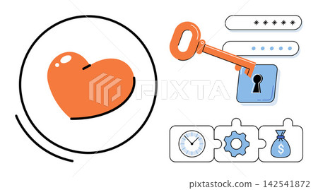 Heart symbol and key unlocking password fields vector illustration. Data protection, digital privacy, secure access, romantic safety, account recovery, encrypted connection. Love icon and security Heart symbol and key unlocking password fields vector illustration. Data protection, digital privacy, secure access, romantic safety, account recovery, encrypted connection. Love icon and security 142541872