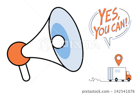 Megaphone with Yes You Can text and delivery truck vector illustration. Motivation, logistics, shipping, announcement, marketing, success. Loudspeaker with inspirational quote and transport vehicle Megaphone with Yes You Can text and delivery truck vector illustration. Motivation, logistics, shipping, announcement, marketing, success. Loudspeaker with inspirational quote and transport vehicle 142541876