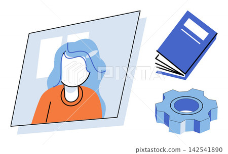 Woman portrait with book and gear icon vector illustration. E-learning, academic progress, technical training, skill development, knowledge acquisition, engineering study. Female student learning 142541890