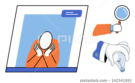 Person thinking in a window frame with magnifying glass and light bulb vector illustration. Analysis, innovation, research, discovery, brainstorming, solution. Individual pondering inside a frame Person thinking in a window frame with magnifying glass and light bulb vector illustration. Analysis, innovation, research, discovery, brainstorming, solution. Individual pondering inside a frame 142541891