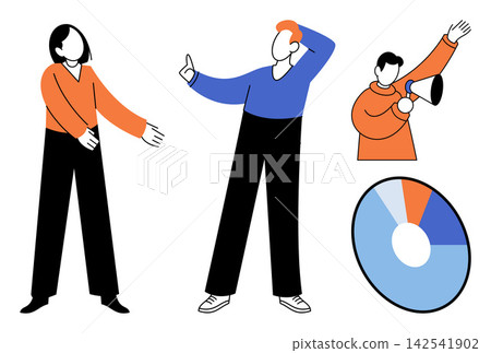 People characters with megaphone and pie chart vector illustration. Communication, marketing, teamwork, strategy, data analysis, presentation. Group of professionals using office tools People characters with megaphone and pie chart vector illustration. Communication, marketing, teamwork, strategy, data analysis, presentation. Group of professionals using office tools 142541902