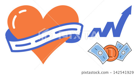 Heart with road ribbon and rising arrow with money vector illustration. Investment, charity, wealth, growth, donation, finance. Love symbol with path and increasing profit chart Heart with road ribbon and rising arrow with money vector illustration. Investment, charity, wealth, growth, donation, finance. Love symbol with path and increasing profit chart 142541929