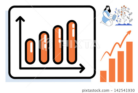 Bar charts and woman watering a plant vector illustration. Financial growth, investment success, business development, economic progress, data analysis, wealth management. Rising statistics Bar charts and woman watering a plant vector illustration. Financial growth, investment success, business development, economic progress, data analysis, wealth management. Rising statistics 142541930