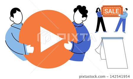People holding a play button and a sale sign vector illustration. Marketing, media, commerce, advertising, promotion, digital content. Characters interacting with business icons and symbols 142541954