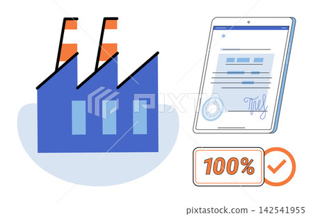 Factory building with a digital contract and certification badge vector illustration. Manufacturing standards, quality control, industrial compliance, business verification, production audit, legal Factory building with a digital contract and certification badge vector illustration. Manufacturing standards, quality control, industrial compliance, business verification, production audit, legal 142541955