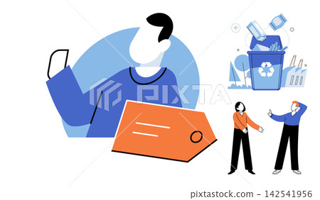 Collection of business and environmental concept vector illustration. Recycling, waste management, shopping, consumerism, teamwork, communication. Diverse scenes people and objects Collection of business and environmental concept vector illustration. Recycling, waste management, shopping, consumerism, teamwork, communication. Diverse scenes people and objects 142541956