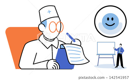 Doctor writing notes and presenter at whiteboard vector illustration. Healthcare, education, business training, professional consultation, medical record, corporate communication. Physician Doctor writing notes and presenter at whiteboard vector illustration. Healthcare, education, business training, professional consultation, medical record, corporate communication. Physician 142541957