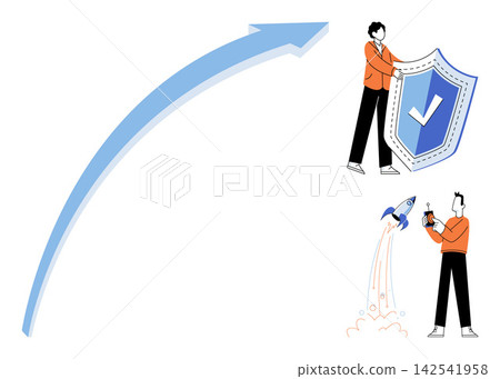 People protecting assets and launching a rocket vector illustration. Security, growth, startup, success, protection, development. Characters shielding data and operating a space ship People protecting assets and launching a rocket vector illustration. Security, growth, startup, success, protection, development. Characters shielding data and operating a space ship 142541958