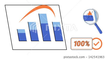 Bar chart with magnifying glass and success checkmark vector illustration. Data analysis, business growth, performance tracking, financial audit, marketing strategy, quality control. Statistical Bar chart with magnifying glass and success checkmark vector illustration. Data analysis, business growth, performance tracking, financial audit, marketing strategy, quality control. Statistical 142541963