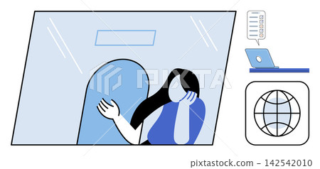 A customer service sitting behind a glass window is a vector illustration. Communication, support, help desk, business, banking, information. Clerk working at a service counter A customer service sitting behind a glass window is a vector illustration. Communication, support, help desk, business, banking, information. Clerk working at a service counter 142542010