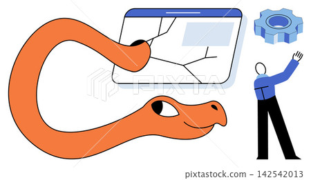 A snake hacking into a broken digital screen near a gear icon vector illustration. Cyber security, data breach, malware attack, system vulnerability, digital threat, network safety. Serpent A snake hacking into a broken digital screen near a gear icon vector illustration. Cyber security, data breach, malware attack, system vulnerability, digital threat, network safety. Serpent 142542013