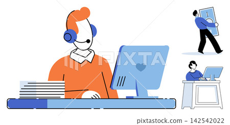 Customer support with headset working at computer vector illustration. Business assistance, remote work, technical help, office productivity, financial management, digital service. Operator using Customer support with headset working at computer vector illustration. Business assistance, remote work, technical help, office productivity, financial management, digital service. Operator using 142542022