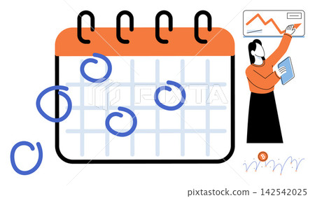 Woman analyzing financial charts and marking dates on a calendar vector illustration. Project management, business strategy, financial planning, time management, data analysis, productivity 142542025