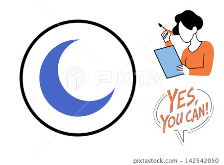 A woman drawing with a moon icon and motivational text vector illustration. Creativity, artistic inspiration, positive mindset, goal setting, night work, self belief. Female illustrator sketching A woman drawing with a moon icon and motivational text vector illustration. Creativity, artistic inspiration, positive mindset, goal setting, night work, self belief. Female illustrator sketching 142542050