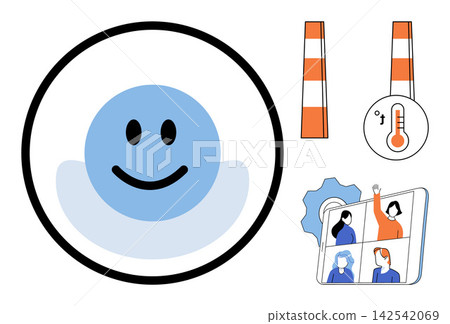 Happy face icon, industrial chimneys, thermometer, and video conference call vector illustration. Employee satisfaction, climate change, digital communication, remote work, team meeting, industry Happy face icon, industrial chimneys, thermometer, and video conference call vector illustration. Employee satisfaction, climate change, digital communication, remote work, team meeting, industry 142542069