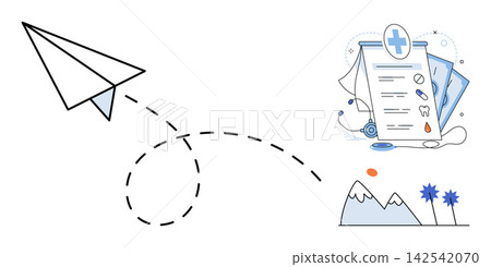 Paper airplane flying towards medical report and landscape icons vector illustration. Travel, healthcare, tourism, insurance, planning, destination. Origami aircraft moving to health documents Paper airplane flying towards medical report and landscape icons vector illustration. Travel, healthcare, tourism, insurance, planning, destination. Origami aircraft moving to health documents 142542070