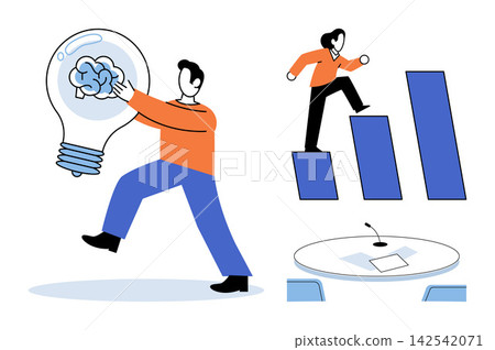 People achieving goals and generating ideas vector illustration. Professional development, corporate strategy, creative thinking, career advancement, team meeting, problem solving. Employees working People achieving goals and generating ideas vector illustration. Professional development, corporate strategy, creative thinking, career advancement, team meeting, problem solving. Employees working 142542071