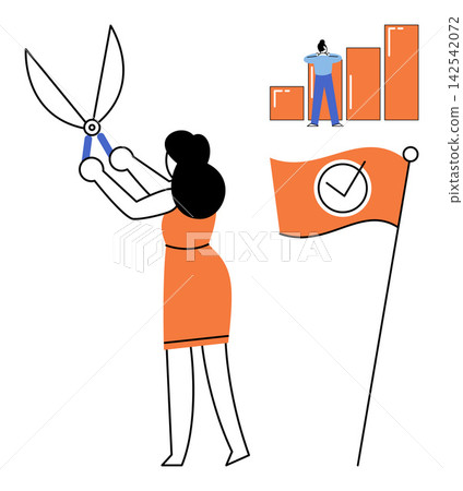 Woman cutting obstacles with scissors near a goal flag and growth chart vector illustration. Success, productivity, strategy, achievement, management, planning. Female professional overcoming Woman cutting obstacles with scissors near a goal flag and growth chart vector illustration. Success, productivity, strategy, achievement, management, planning. Female professional overcoming 142542072