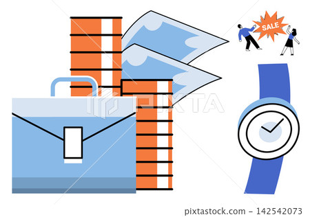 Business briefcase with stacks of money and a wristwatch vector illustration. Financial planning, time management, investment strategy, shopping sale, corporate growth, wealth. Office bag Business briefcase with stacks of money and a wristwatch vector illustration. Financial planning, time management, investment strategy, shopping sale, corporate growth, wealth. Office bag 142542073