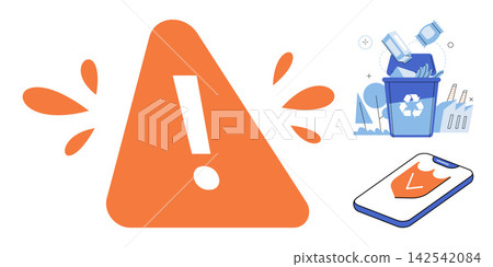 Warning sign, recycling bin, and smartphone security vector illustration. Environmental protection, waste management, data safety, mobile protection, ecological awareness, digital security. Alert Warning sign, recycling bin, and smartphone security vector illustration. Environmental protection, waste management, data safety, mobile protection, ecological awareness, digital security. Alert 142542084