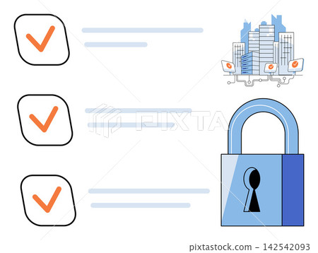 Checklist with checkmarks and a padlock icon vector illustration. Digital security, data privacy, network protection, system compliance, information safety, business infrastructure. Secure Checklist with checkmarks and a padlock icon vector illustration. Digital security, data privacy, network protection, system compliance, information safety, business infrastructure. Secure 142542093