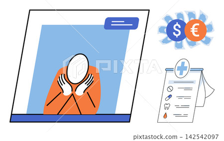 Person looking through a window with money symbols and a medical prescription list vector illustration. Financial planning, health insurance, medical expenses, clinic services, treatment costs Person looking through a window with money symbols and a medical prescription list vector illustration. Financial planning, health insurance, medical expenses, clinic services, treatment costs 142542097